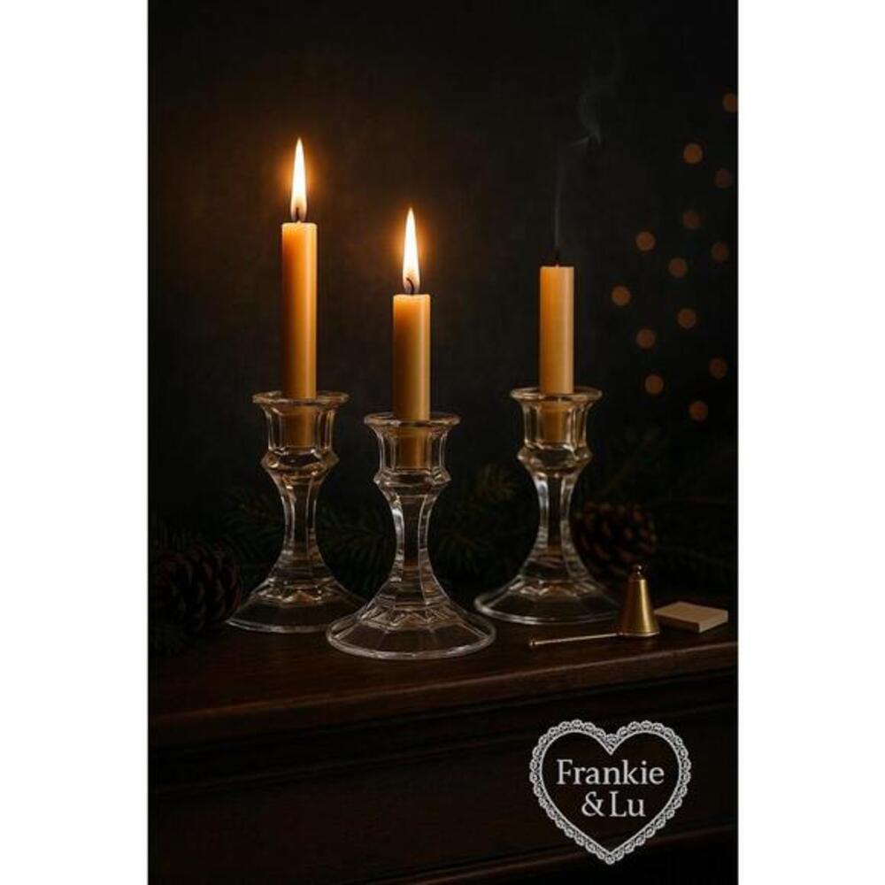 Set of 3 Vintage Glass Candlestick Holders Clear Taper Candle Decor